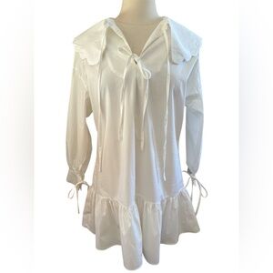 Glamorous Boho White Tiered Long Sleeve Mini Dress scallop collar & ties Size 6